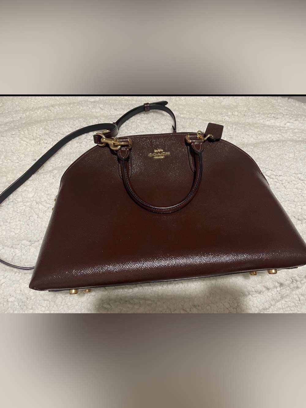 Coach Oxblood Quinn Patent Crossgrain  Leather Satchel.